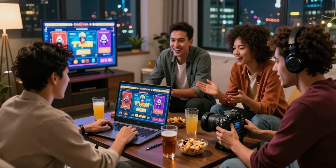Engaging group enjoying online gaming at credit card casinos, showcasing being-there.org.uk experience and vibrant atmosphere.