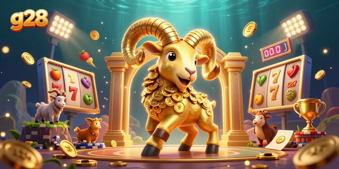 G28 showcases a thrilling slots experience with golden ram charging through a vibrant casino scene.