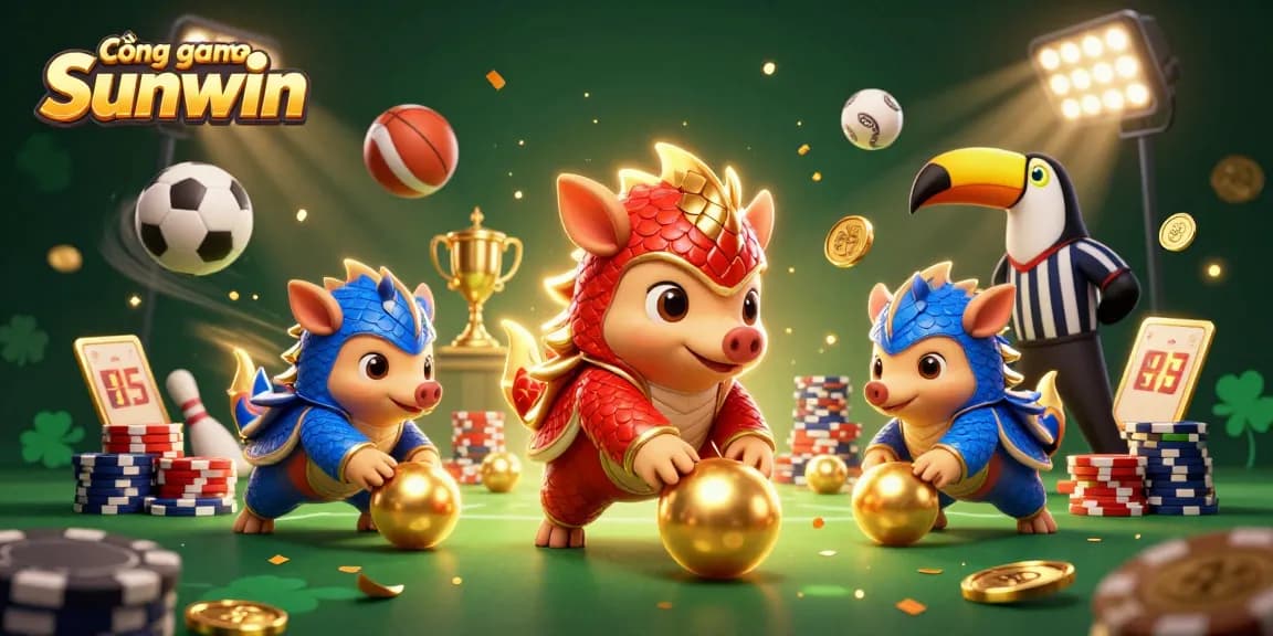 Cổng game Sunwin showcases a dynamic 3D illustration of rival pangolins rolling golden balls amidst vibrant casino elements.