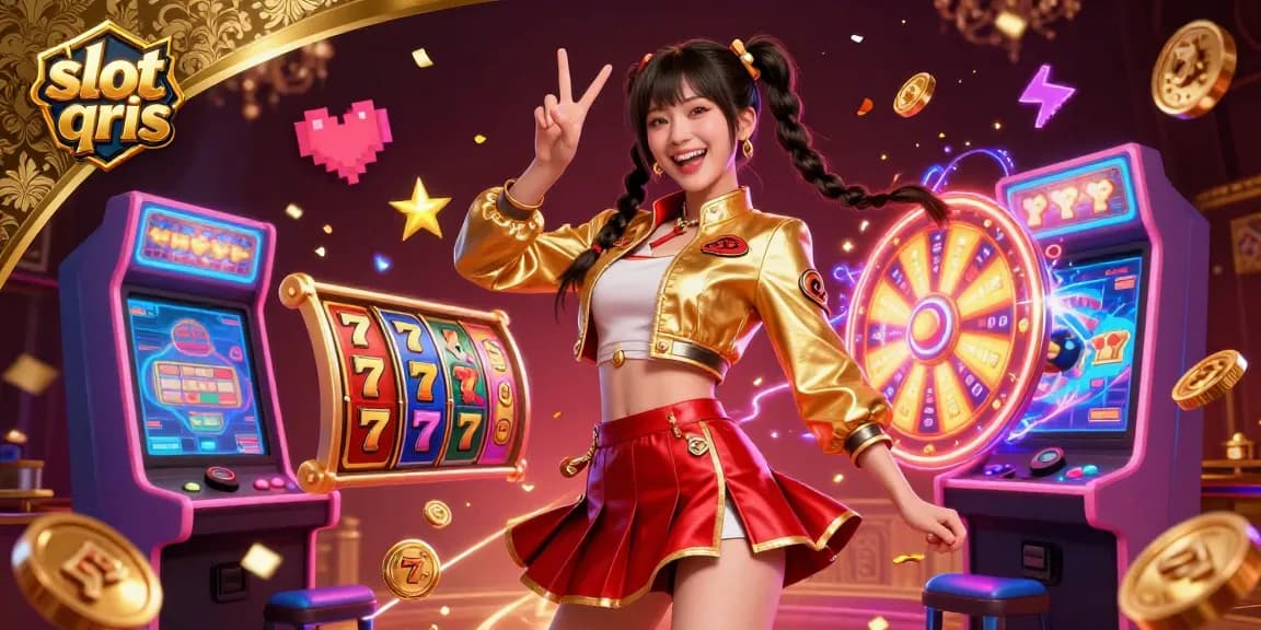 Engage with slot qris as a vibrant Asian woman celebrates wins with colorful slot reels and jackpot elements.