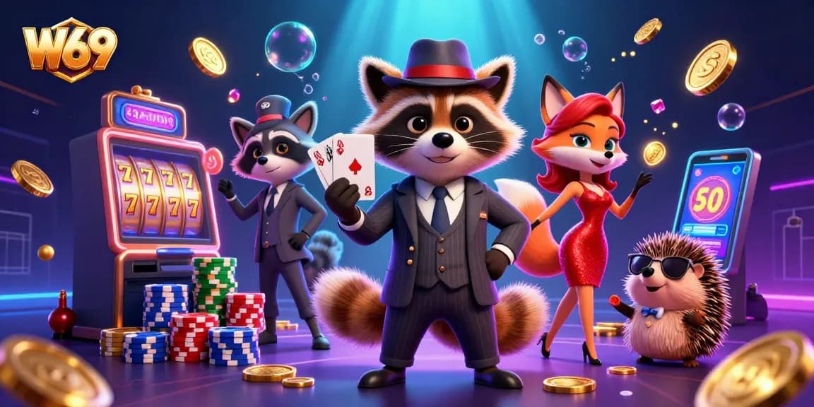 Win big at W69 with a vibrant casino scene featuring characters and dynamic slot machines.