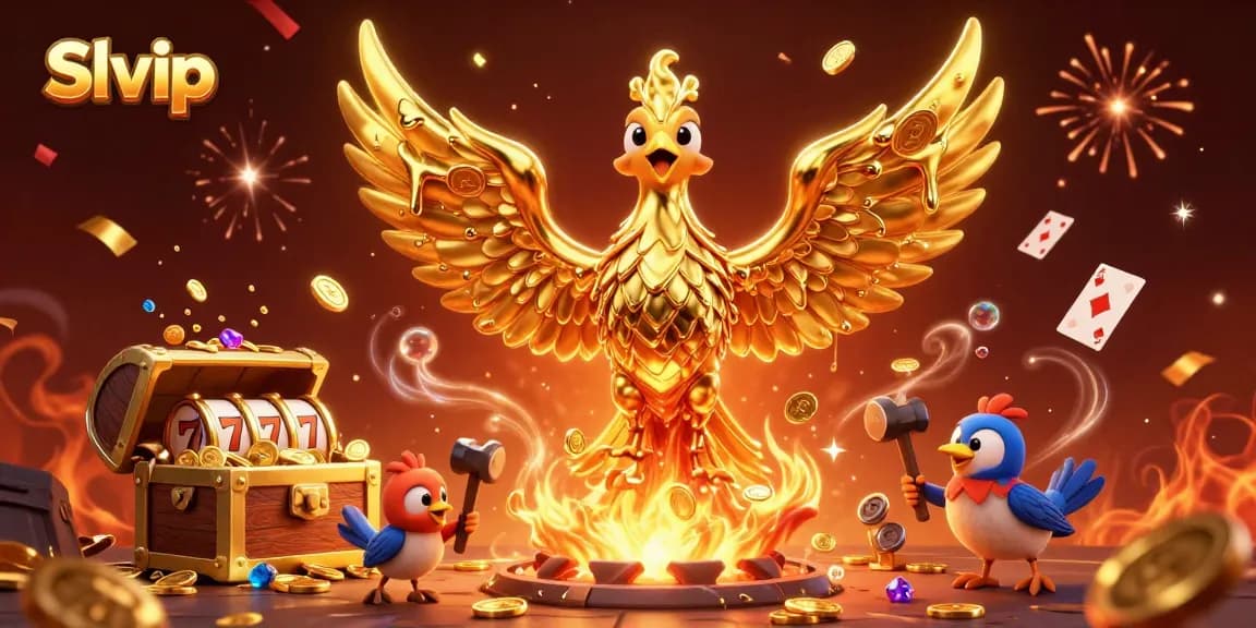 Spin to win with Slvip's dynamic and vibrant casino scene featuring a molten golden phoenix amidst exciting game elements.