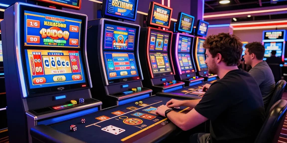 Engaged player at credit card casinos at https://brcs.co.uk, enjoying vibrant online games with neon lights.