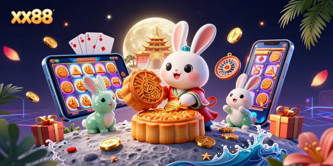 Experience xx88 gaming excitement with a moon rabbit and jade companion amidst vibrant casino elements.