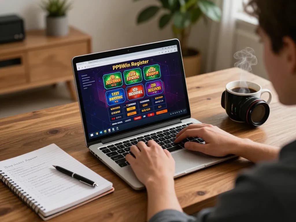 Engaging PP9Win Register setup with a laptop showing casino games and strategic notes for gamers.