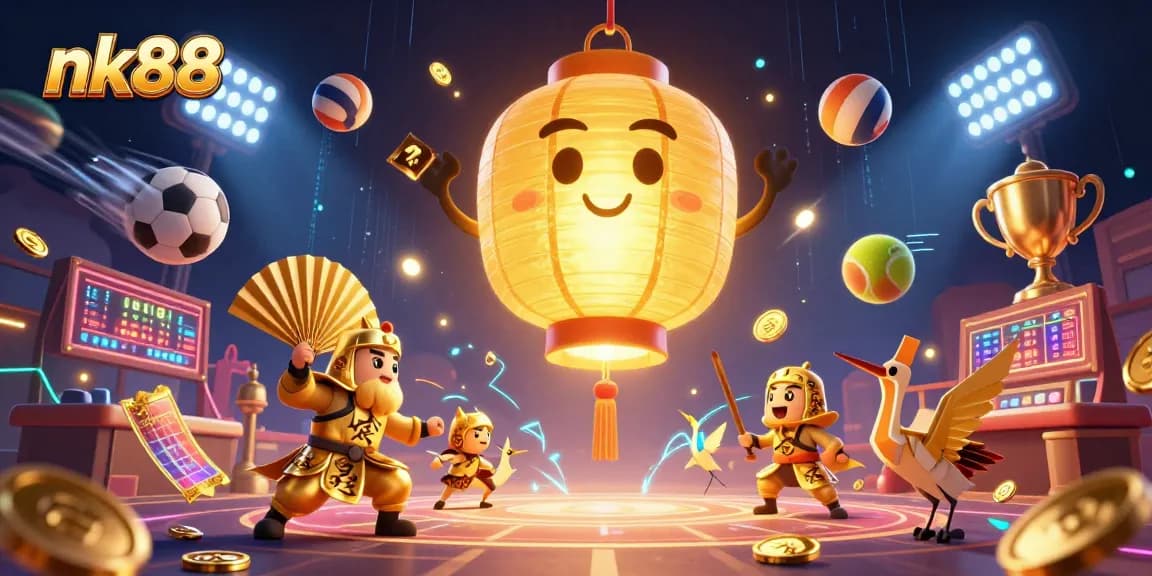 Experience nk88's vibrant casino scene with floating spirits, sports elements, and dynamic energy.