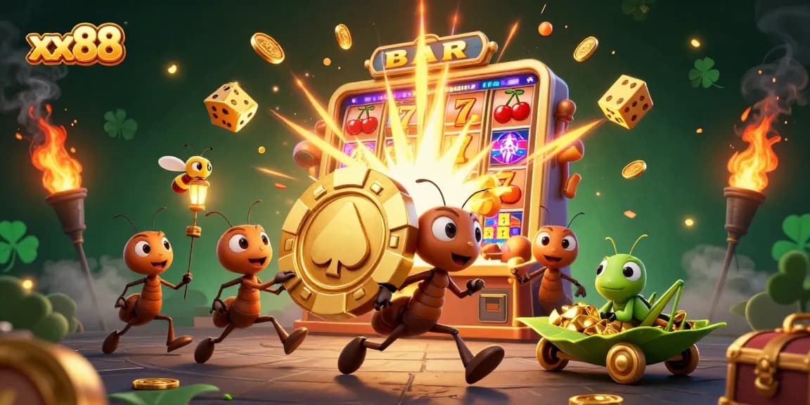 xx88 ants carrying a giant poker chip in a dynamic 3D casino heist scene