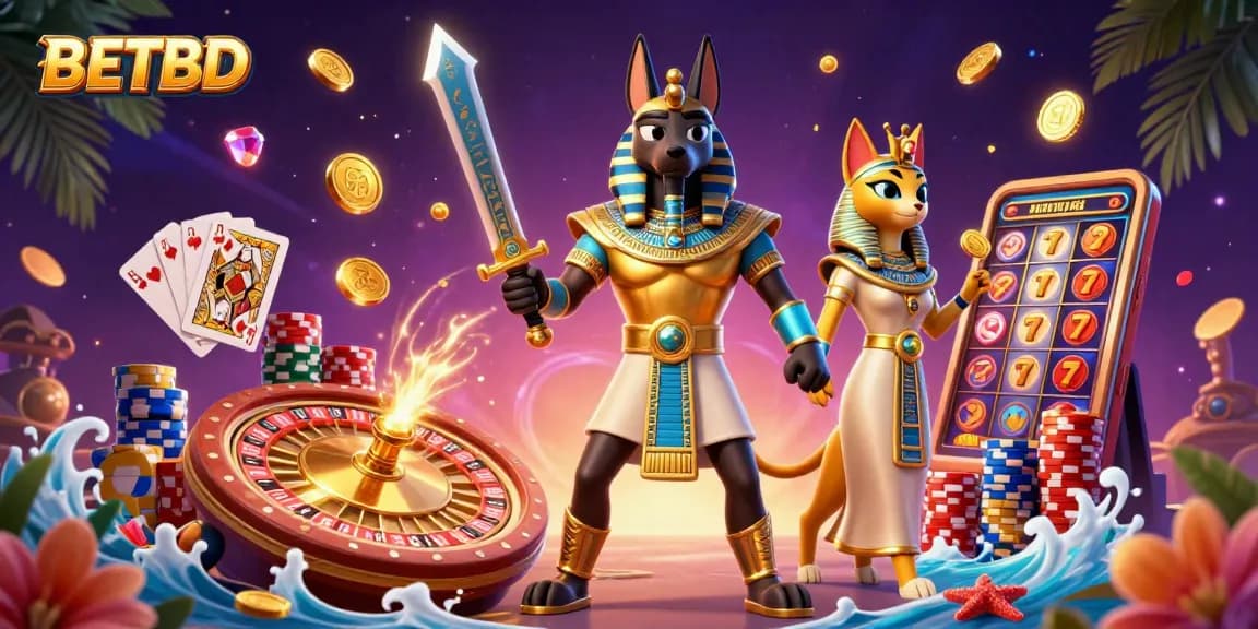 BETBD offers exhilarating live casino experiences with Anubis and Bastet in a magical scene.