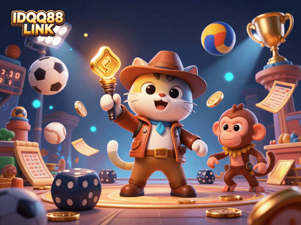 Experience thrilling adventures with IDQQ88 LINK in a vibrant casino-themed 3D illustration featuring sports elements.