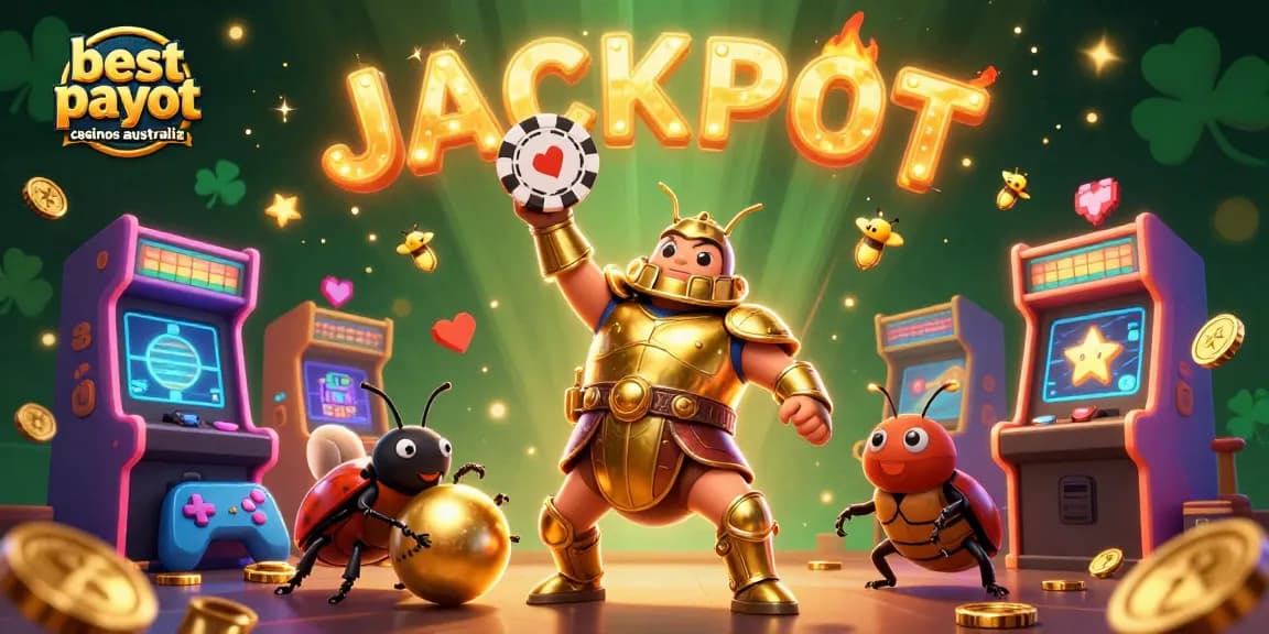 Engage with the vibrant world of best payout casinos Australia through a 3D illustration featuring charismatic beetles celebrating a jackpot.
