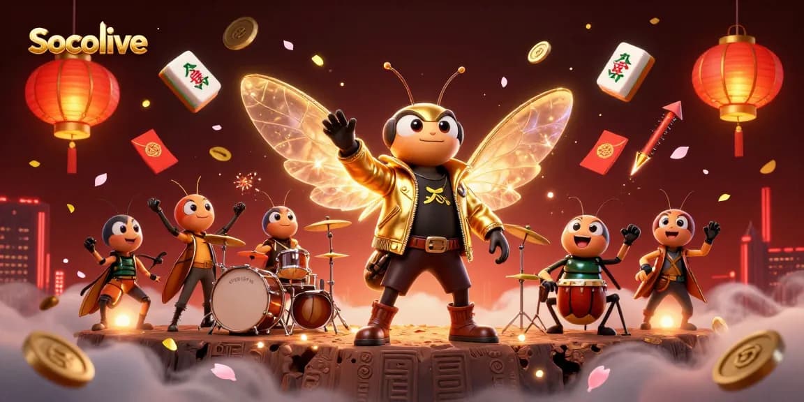 Socolive enhances gaming excitement with a vibrant 3D casino scene featuring a rock star cicada.