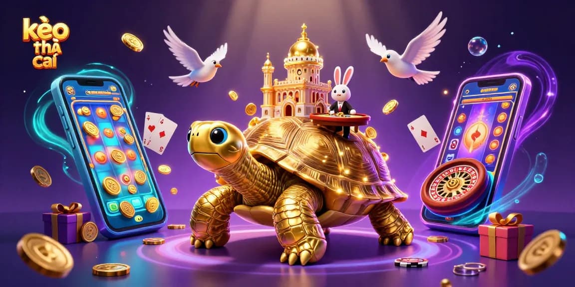 Experience kèo nhà cái with a vibrant scene featuring a golden tortoise casino and a rabbit dealer.