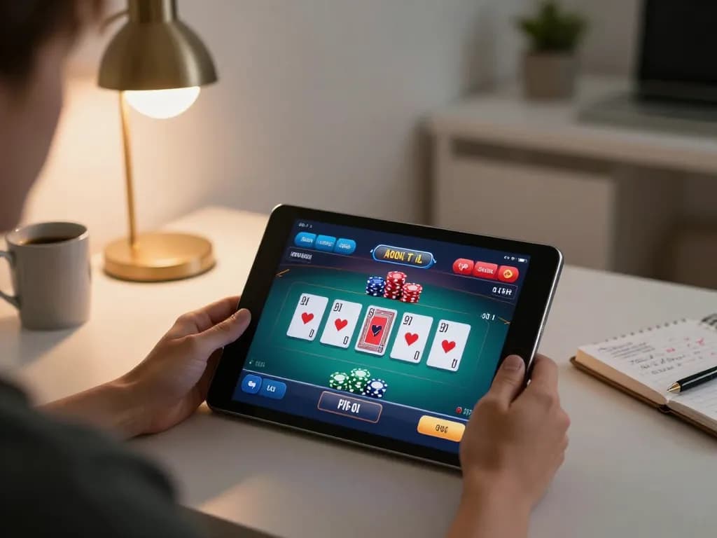 Bayvip player enjoying online poker on a tablet with clear screen detail, cozy home gaming atmosphere