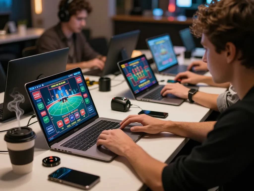 Engaging in slot gacor online with players focused on their devices during a vibrant home gaming night.