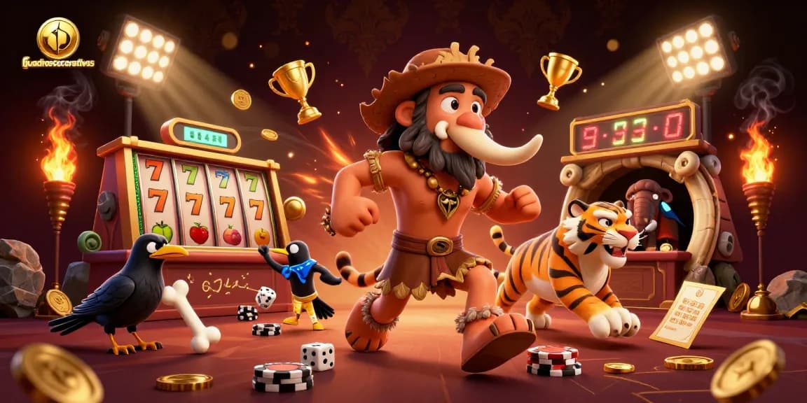 Experience the excitement of quadrosdecorativos in a prehistoric casino with dynamic slot elements and vibrant characters.
