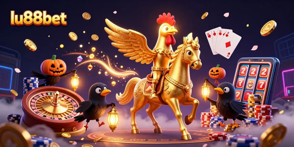 Spin the reels at lu88bet in this vibrant casino scene with golden roosters and Halloween crows.