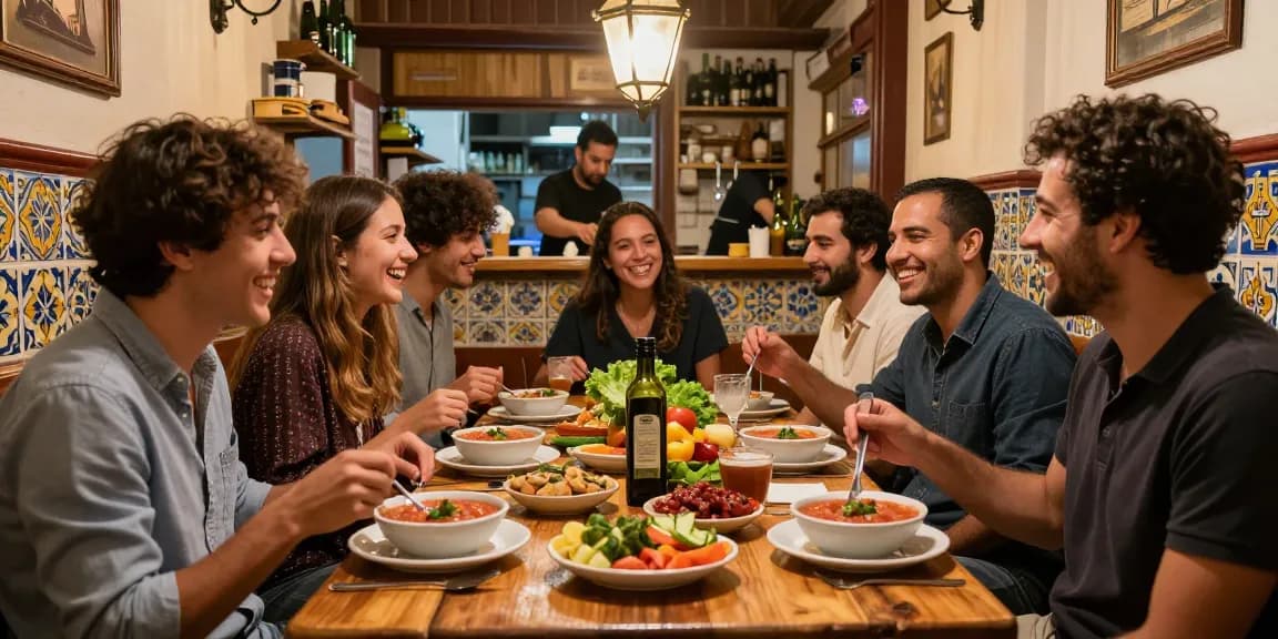 Experience the best salmorejo near me in a vibrant tapas bar with friends sharing authentic Spanish dishes.