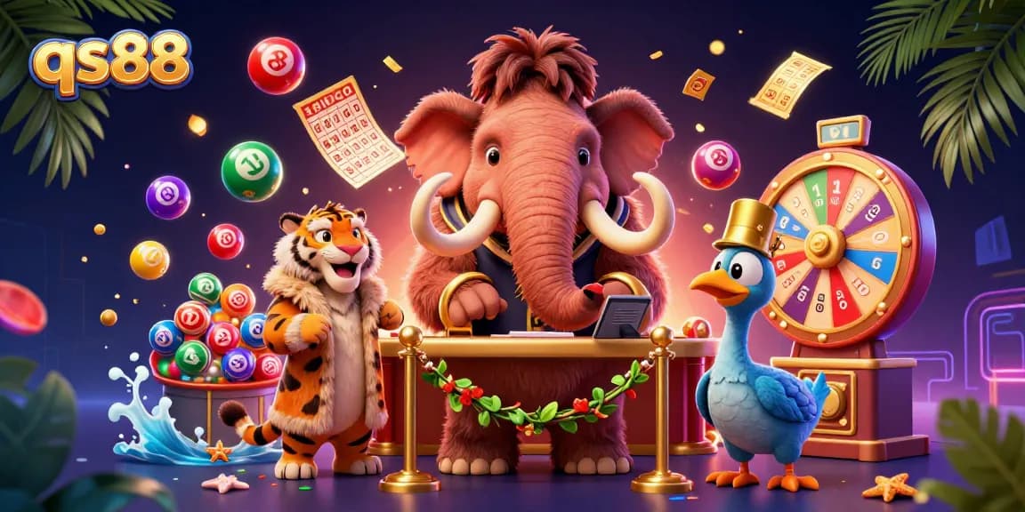 Engage in thrilling gameplay at qs88 with a vibrant casino scene featuring a woolly mammoth and saber-tooth tiger.