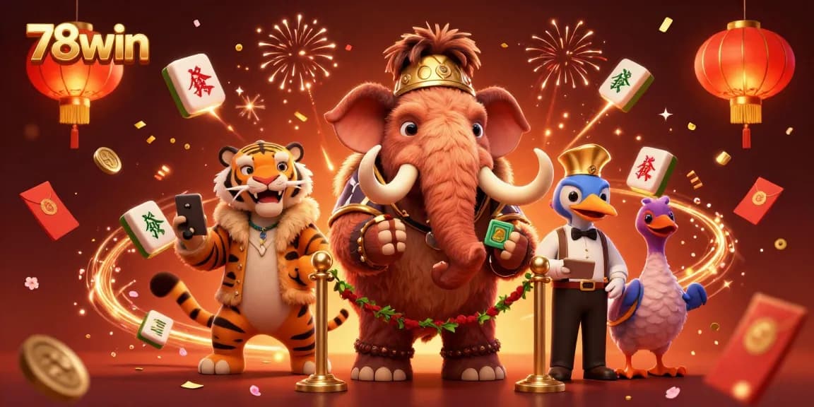 Experience the excitement of 78win with a vibrant digital illustration featuring whimsical characters at a casino door.