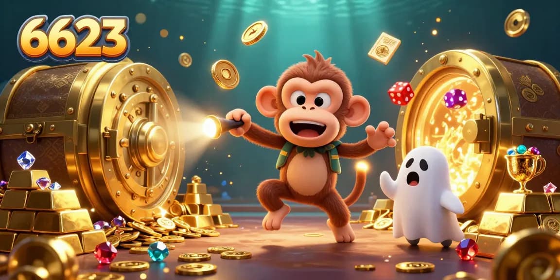 Experience the thrill of 6623 as a mischievous monkey juggles golden treasures in a haunted casino scene.