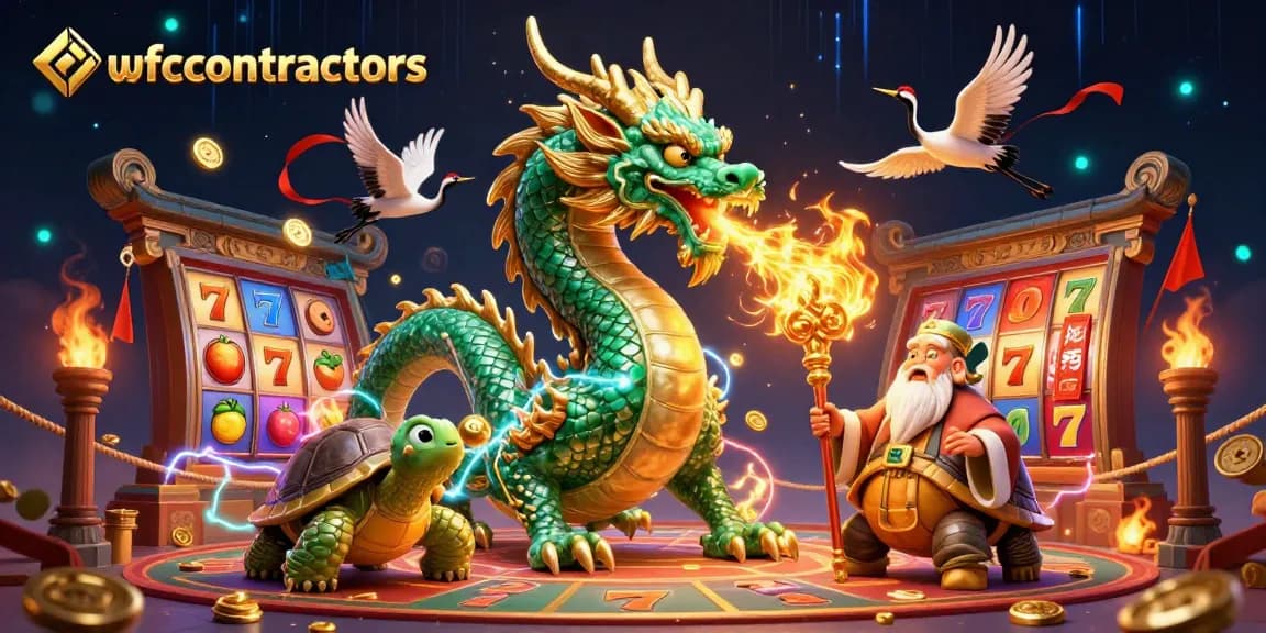 wfccontractors unleashes a stunning casino scene featuring a jade dragon, turtles, and cranes over slot reels and gold tokens.