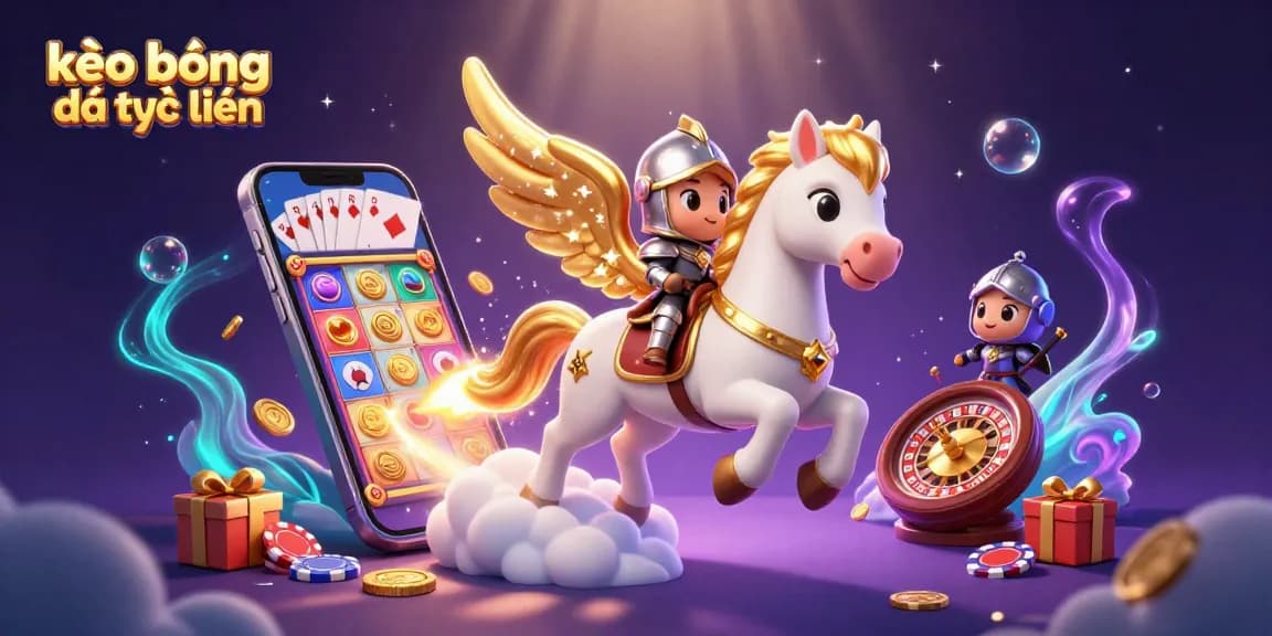 Experience kèo bóng đá trực tuyến with a stunning 3D illustration of a celestial horse and knight amidst dynamic casino elements.