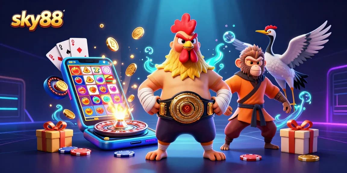 Experience the thrill of sky88 with dynamic 3D casino characters and vibrant game elements.