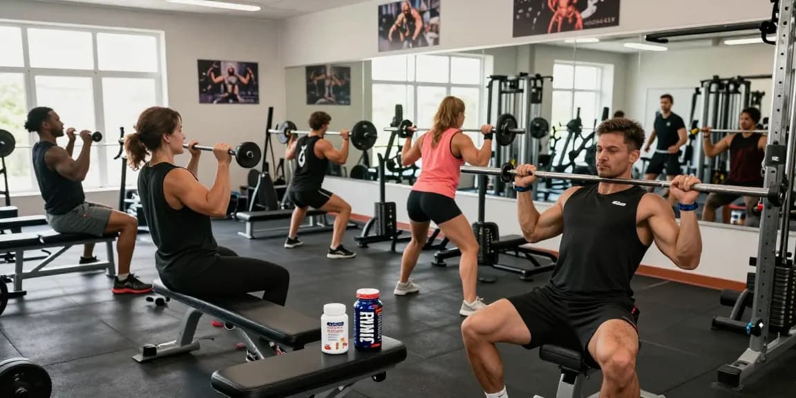 Group of bodybuilders in a gym training with Prime Pharma Steroiden products, showcasing an energetic workout environment.