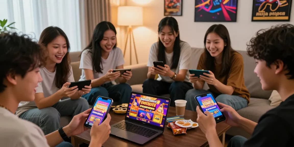 Exciting gaming scene featuring friends enjoying slots with deposit pulsa tanpa potongan offers, emphasizing social interaction and fun.