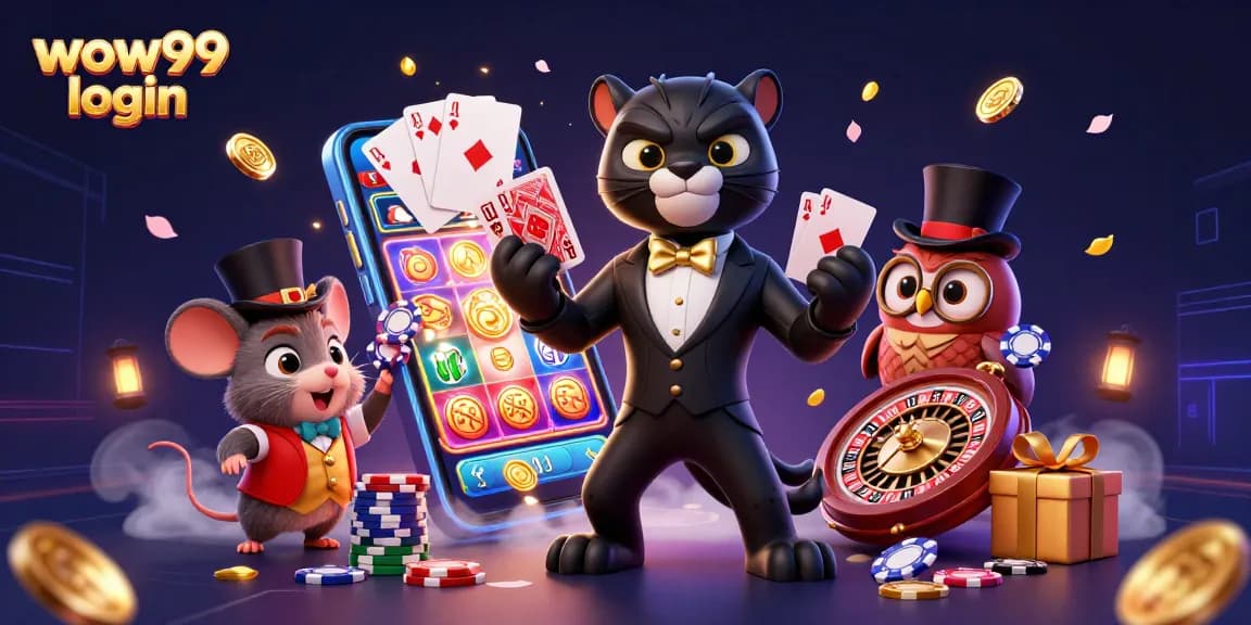 Permainan kartu menarik di WOW99 login dengan karakter kartun yang ceria di kasino virtual.