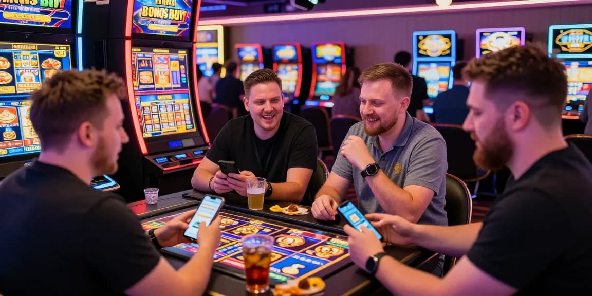 UK players enjoying Bonus Buy Slots at a lively casino, featuring colorful slot machines and vibrant atmosphere at https://ampika.co.uk/.