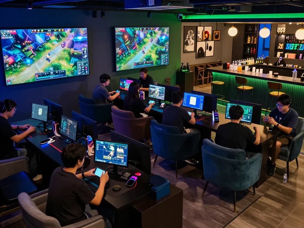 Engaged players participating in esports betting singapore at a lively lounge with screens displaying games.