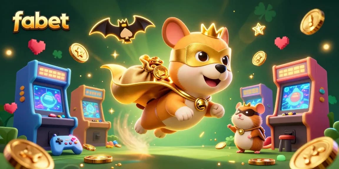 Experience fabet's thrilling gaming scene with our superhero dog flying over vibrant casino elements.