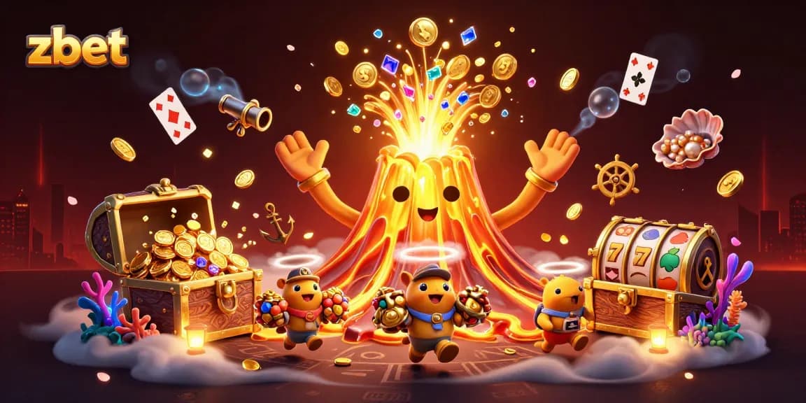 Play the zbet slot games with excitement as the golden volcano erupts treasure in this colorful illustration.