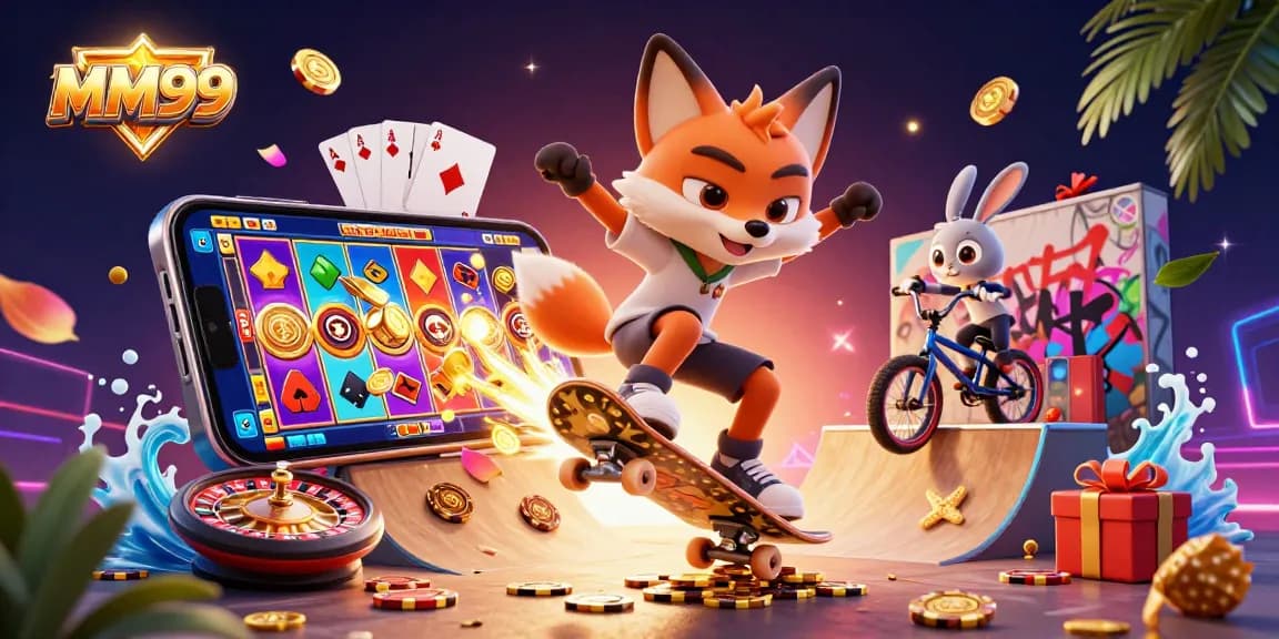 Engaging MM99 casino illustration showcasing a skateboarder fox and BMX rabbit amid animated gaming visuals.