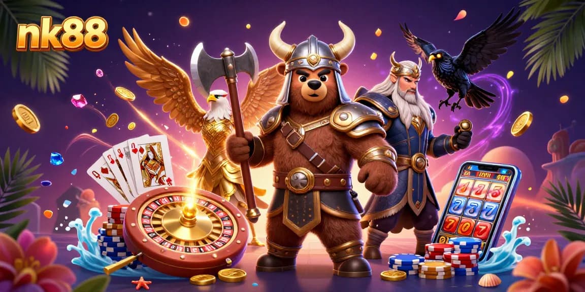 Engage with nk88's thrilling online casino adventures featuring a Viking, eagle, and magical elements.