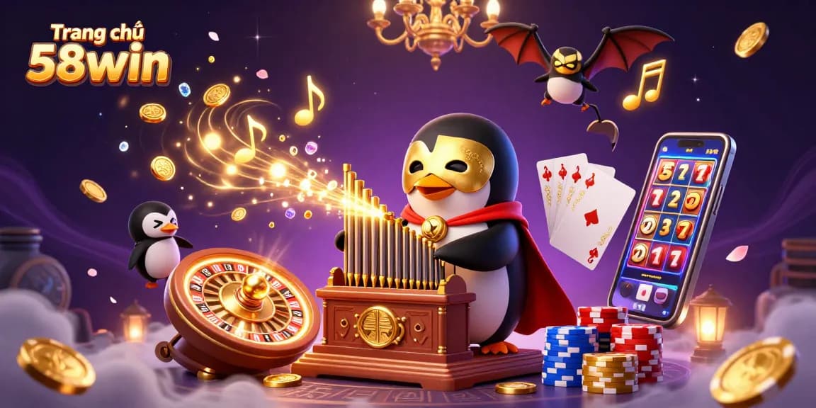 Experience the thrill of jackpot gaming at Trang chủ 58win with a vibrant casino-themed illustration full of excitement.