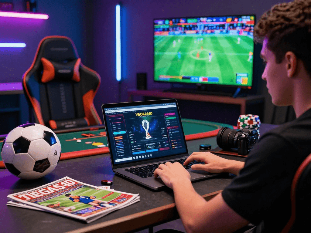 Pengguna VEGAS4D menggunakan laptop di ruang permainan modern, penuh semangat menjelang Piala Dunia 2026.