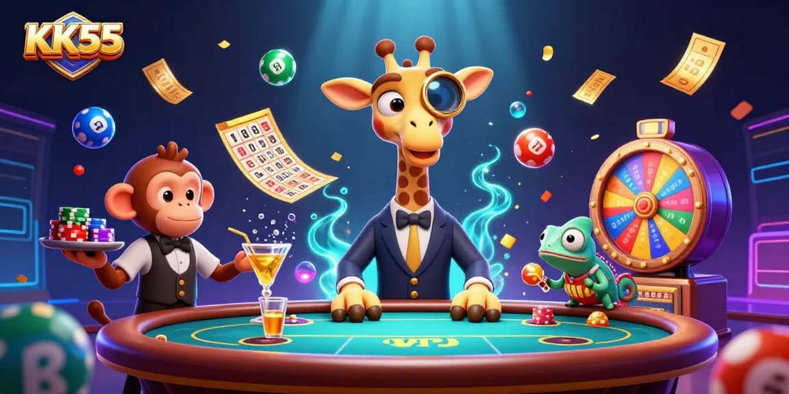 Engage in premium entertainment with KK55 at the vibrant casino scene featuring a giraffe and lively characters.