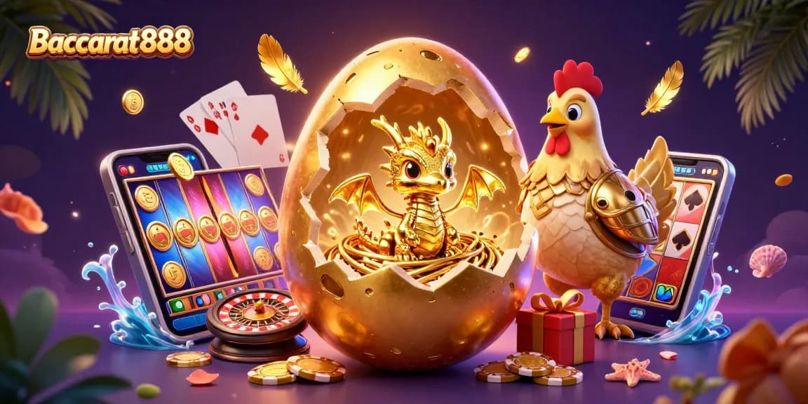 Baccarat888 features a golden dragon and poker chips, set in a vibrant casino scene.
