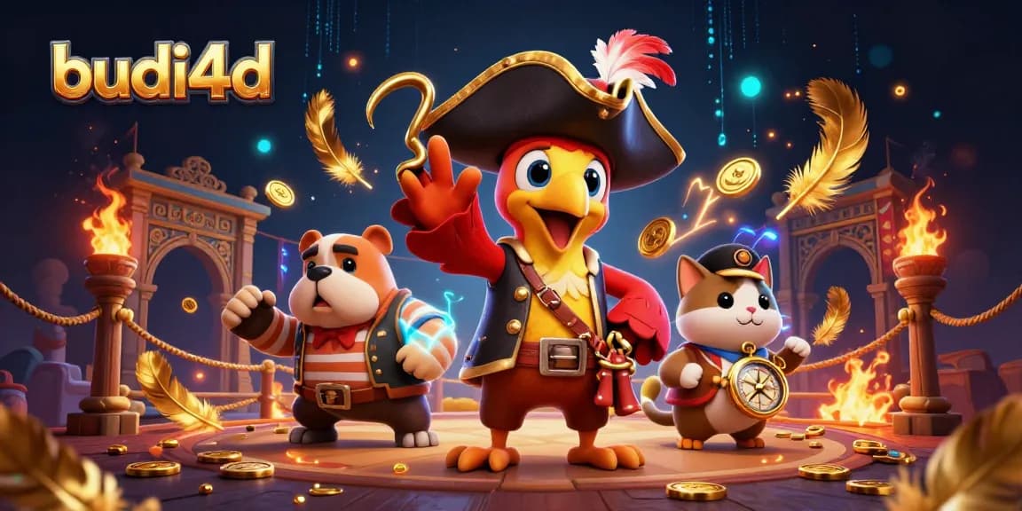 Budi4d pirate captain in a vibrant gambling arena filled with gold coins and dynamic casino elements.
