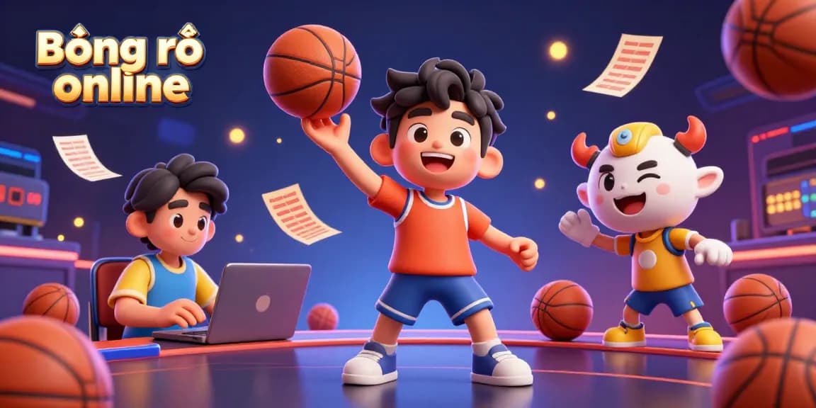 Bóng rổ online betting strategy scene with dynamic characters celebrating winning bets and analyzing game statistics.