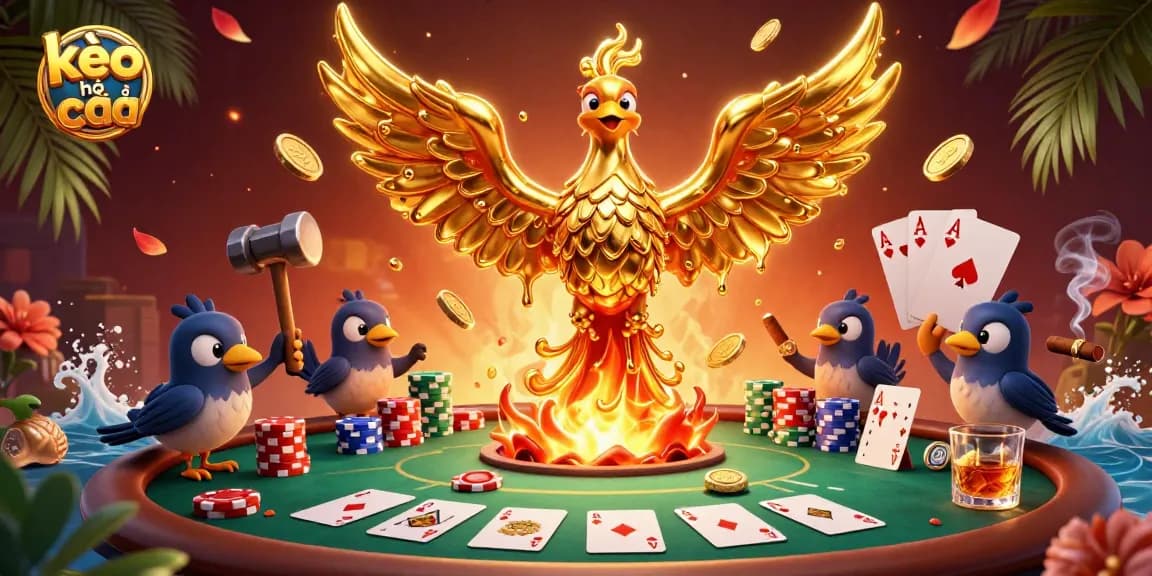 Bet on kèo nhà cái with a vibrant scene featuring a molten phoenix, poker elements, and rich details.