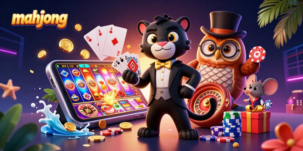 Play mahjong in style with a panther dealer, charming owl, and lucky mouse amidst vibrant casino elements.