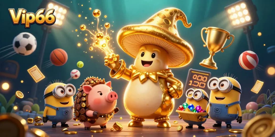 Experience the excitement of gambling with Vip66, featuring a magical golden mushroom wizard and treasure-hunting elements.