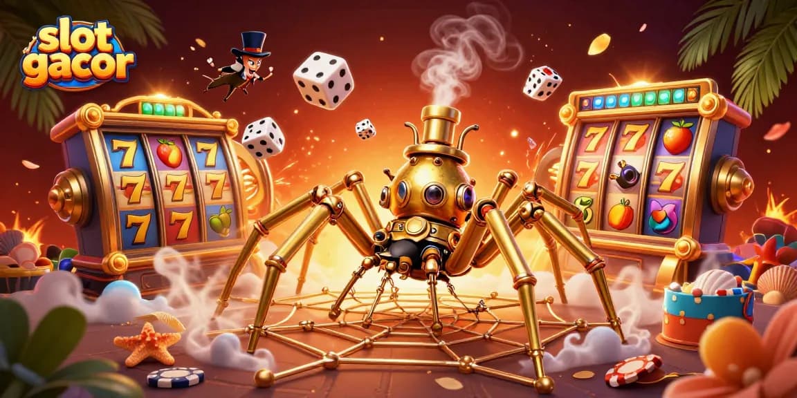 Experience thrilling slot gacor wins with a vibrant 3D illustration of a gold spider and gaming elements.