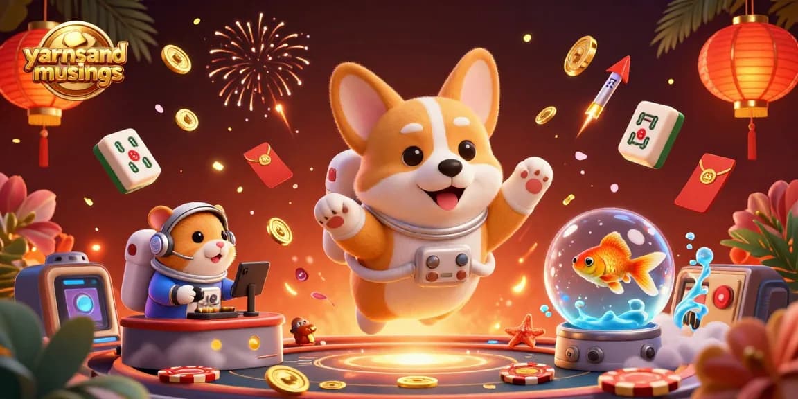 yarnsandmusings showcases a vibrant 3D casino scene filled with floating gaming elements and characters.