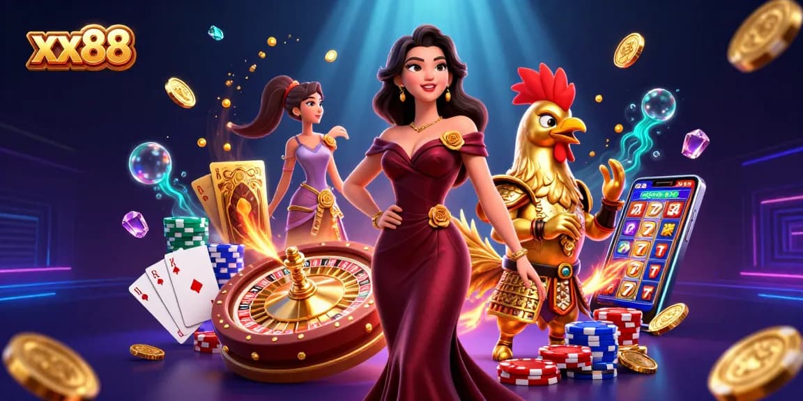 Win big at xx88 with a vibrant 3D casino scene featuring glamorous characters and dynamic game elements.