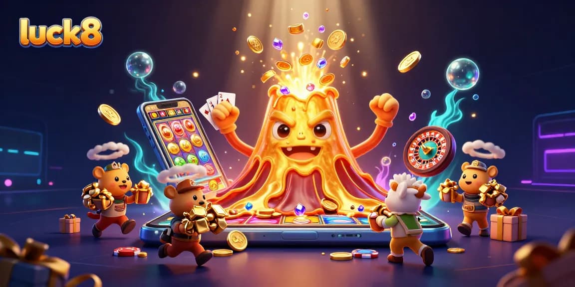 Catch the excitement of luck8 with a golden volcano erupting coins in this vibrant casino scene.