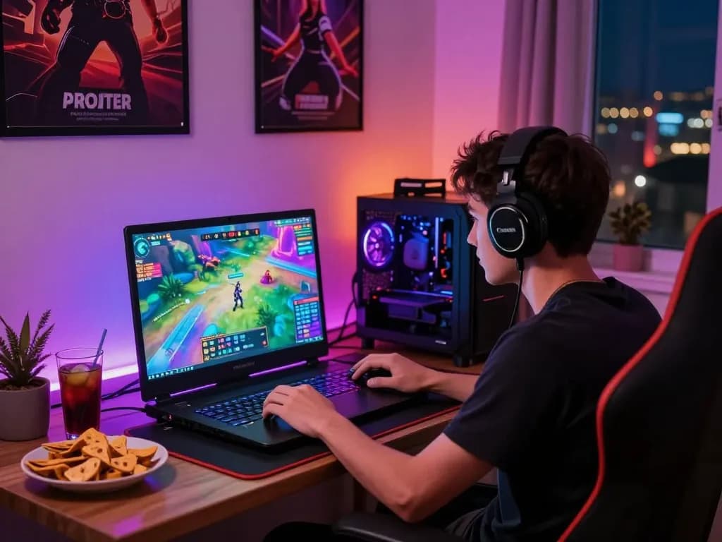 Player enjoying an HTML porn game on a vibrant gaming laptop in a cozy atmosphere.